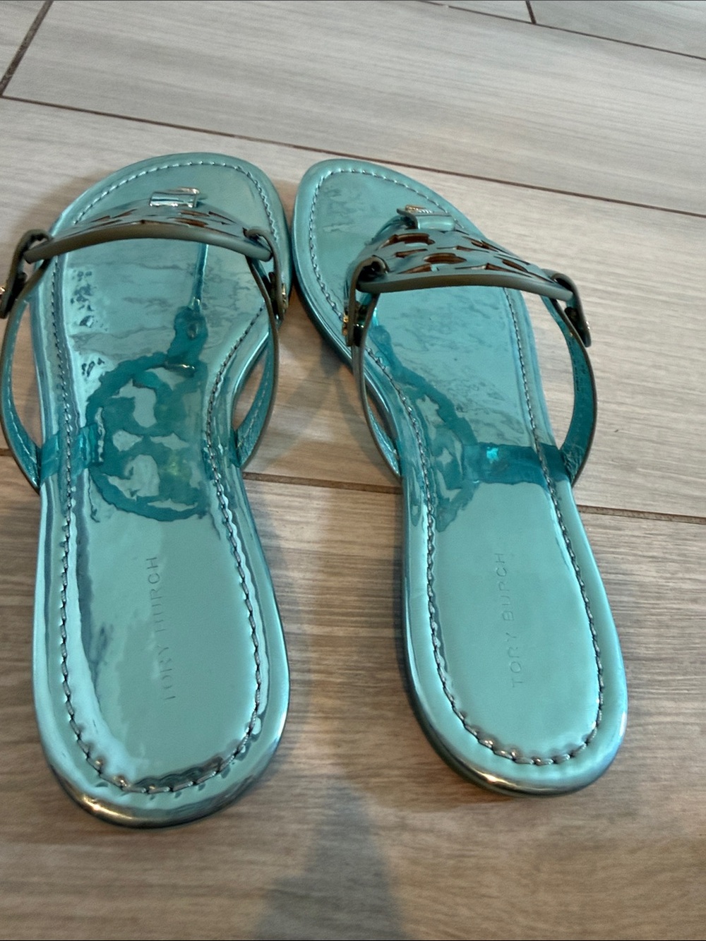 Tory Burch Miller Mirrored Metallic Sandal- Teal Color - Picture 4 of 6